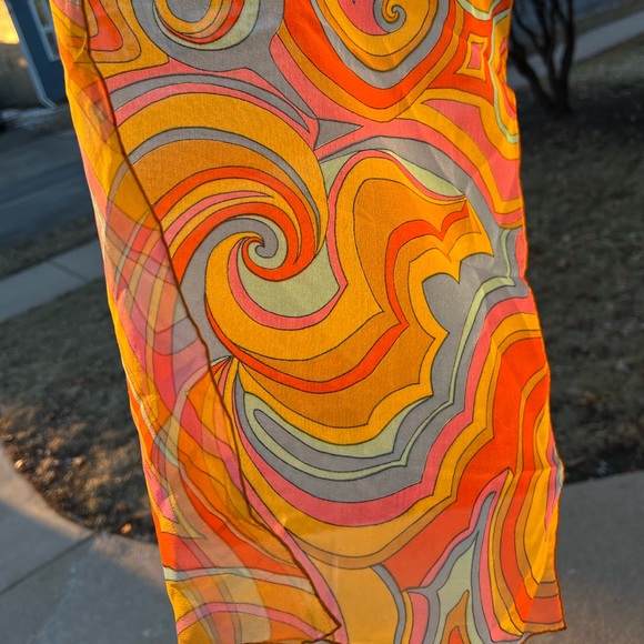 Sheer Paisley 1970s Mod Scarf /Ponytail Tie/Wrap Orange/Pink/Blue/Yellow 15”x44” - Picture 3 of 16